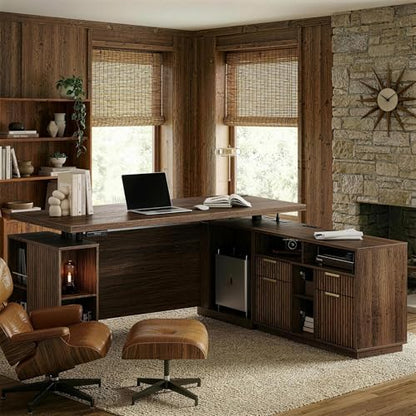 70 Inches L Shaped Executive Standing Desk, Electric Height Adjustable Desk with File Cabinet, Computer Corner Table with AC/USB and Privacy Panel for Home and Office, Black Walnut