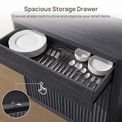 Buffet Cabinet with Storage - Accent Fluted Storage Cabinet with 2 Doors & 1 Drawer 34.6" Wide Modern Sideboard Credenza Large Buffet Table for Living Room Kitchen Dining Room Entryway Office