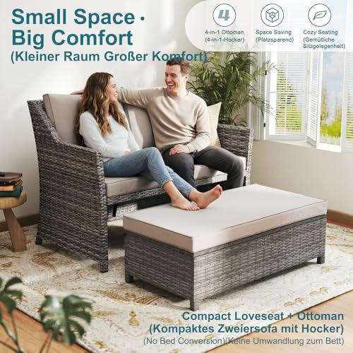 2-Piece Outdoor Patio Furniture Wicker Love-seat and Coffee Table Set, with Built-in Storage Bin, Grey Rattan, Beige Cushions