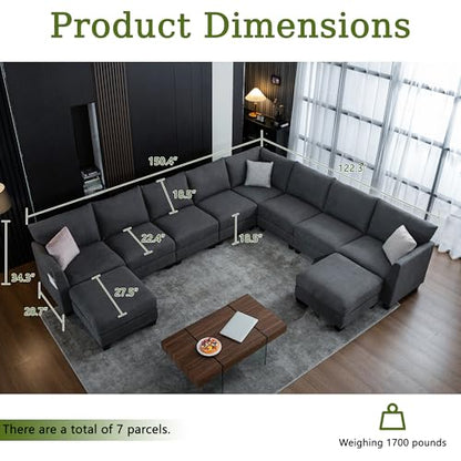 150.4" Large Sectional Couches for Living Room, 8 Seater L Shaped Modular Sectional Sofa with Two Storage Ottomans & USB, Oversized Corner Couch for Living Room (Grey)