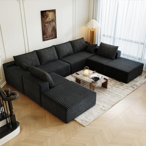 139.4" Modular Sectional Sofa Couch, Oversized U-Shaped Minimalist Couches with 2 Ottomans Chaise and 2 Middle Seats, Modern Deep Seat Cloud Plush Corduroy Sofas Set for Living Room, 8 Seater, Black