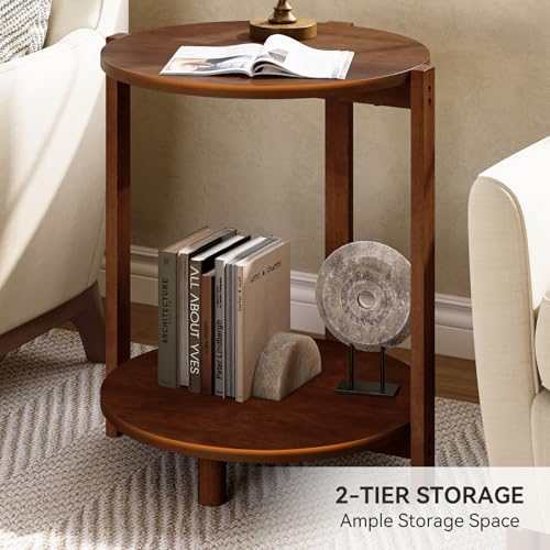 Solid Wood Side Table for Living Room, Small Round End Table with 2-Tier Storage, 19-Inch Wooden Circle Retro Nightstand, Accent Furniture for Small Spaces, Bedroom, Apartment, Brown