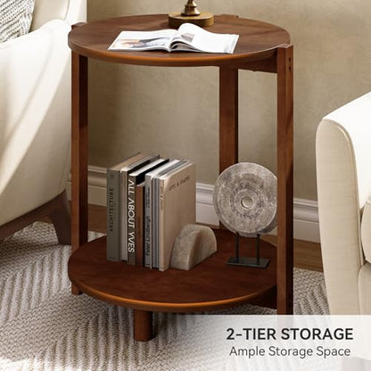 Solid Wood Side Table for Living Room, Small Round End Table with 2-Tier Storage, 19-Inch Wooden Circle Retro Nightstand, Accent Furniture for Small Spaces, Bedroom, Apartment, Brown