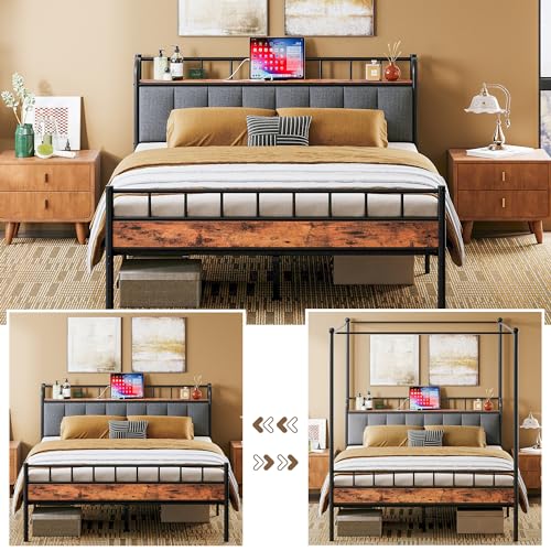 Canopy Bed Frame Full, Storage Headboard with Charging Station, view 5