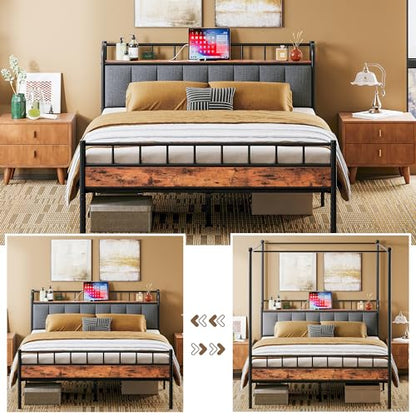 Canopy Bed Frame Full, Storage Headboard with Charging Station, view 5