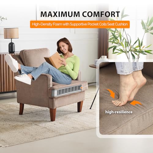 Mid-Century Accent Chairs Set of 2, Light Brown Upholstered Armchair Comfy Sofa Chairs Reading Chair High Back Living Room Bedroom Furniture for Apartment