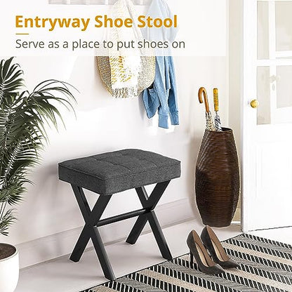 Vanity Stool, Square Linen Makeup Stool with Metal X Legs, Small Ottoman Stool Chair for Vanity, Modern Padded Vanity Seat Foot Rest Stool for Makeup Room, Living Room, Bathroom, Carbon Gray