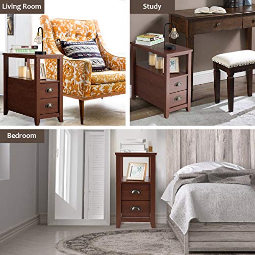 End Table W/ 2 Drawers and Shelf Space-Saving Rectangular Bedside Table with Metal Handle, Retro Side Table for Living Room Bedroom Home Furniture Side Table (1, Brown)