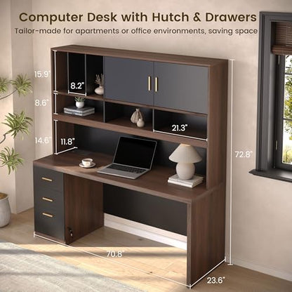 Computer Desk with Hutch & File Cabinet, 72.8" Home Office Desk Set with Under Desk Printer Stand, Office Desk with Hutch Built in Power Outlet, USB/Type-C, Black Walnut