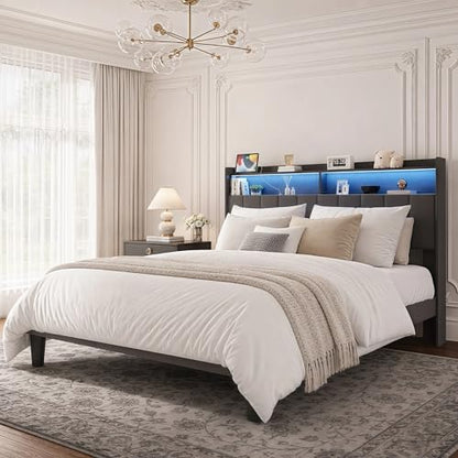 Upholstered Queen Size Bed Frame with Headboard, LED & USB Ports, view 5