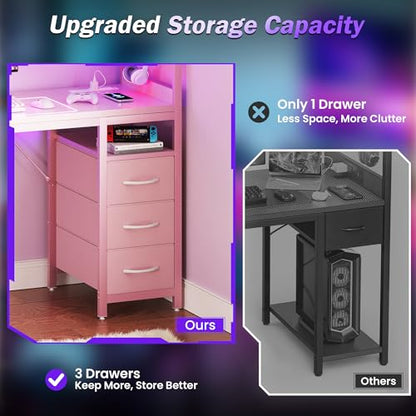 48 Inch Gaming Computer Desk with Led Lights, Small Desk with Storage Shelves and Drawers, Reversible Compact Gamer Table for Home Office, Carbon Fiber Pink