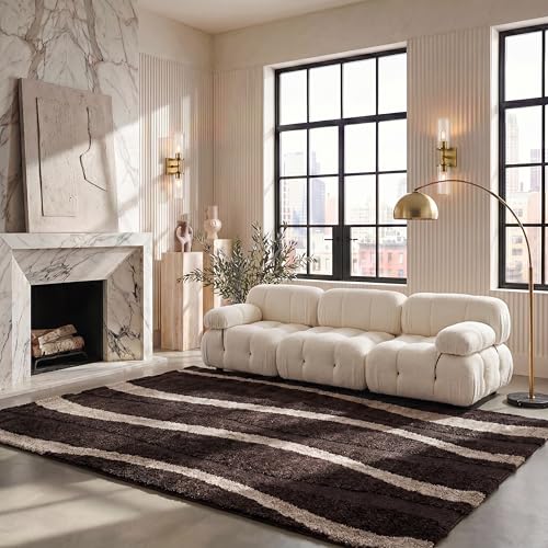 SAFAVIEH Area Rug 8x10 - Florida Shag Collection - Large - Dark Brown & Beige, Stripe Design, Non-Shedding & Easy Cleaning, Plush Thick Pile, Ideal for Living Room, Bedroom, Dining Space (SG451-2813)