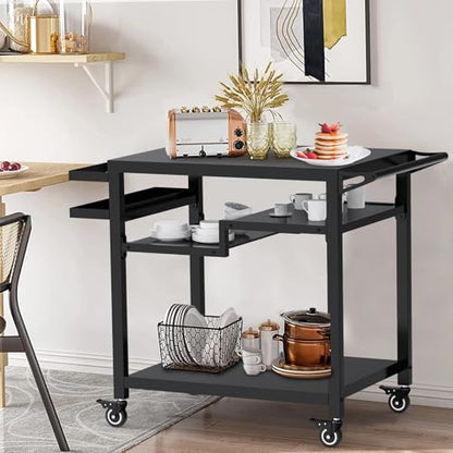 20"x 32" Three-Shelf Movable Outdoor Dining Cart Table, Multifunctional Food Prep Stand, Outdoor Grill Table with Wheels