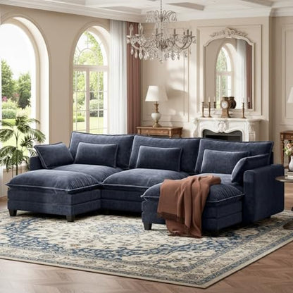 Modular Sectional Sofa 110.6" U-Shaped Modern Comfy Cloud Couch, 5-Seat Chenille Deep Seat Sofa with Throw Pillow & Movable Ottoman for Living Room, Bedroom and Apartment, Navy Blue