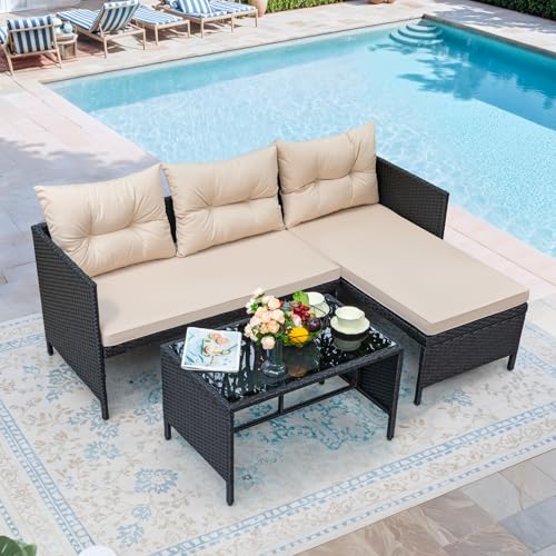 3 Piece Patio Furniture Set Outdoor Wicker Rattan Sectional Sofa with Cushions & Coffee Table for Yard, Garden, Porch, Poolside, Light Beige