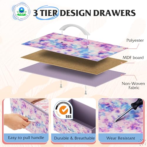 Dresser for Bedroom with 5 Drawers, Wide Chest of Drawers for Bedroom, Fabric Dresser for Living Room, Closet, Hallway, Tie-dye Print (Pink, Purple, Blue)