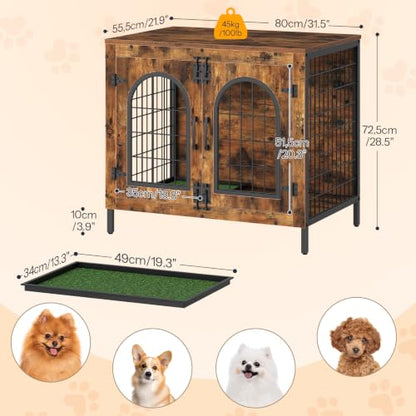 Dog Crate Furniture, 31.5" Dog Kennel with Dog Grass Pad and Tray, view 3