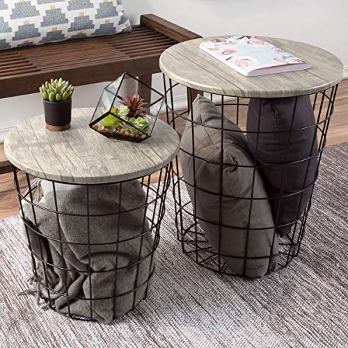 End Tables Set of 2 - Nesting Tables with Removable Wood Tops and Metal Basket Bases for Blanket Storage - Round Side Furniture for Living Room, Bedroom, or Home Office by (Gray/Black)