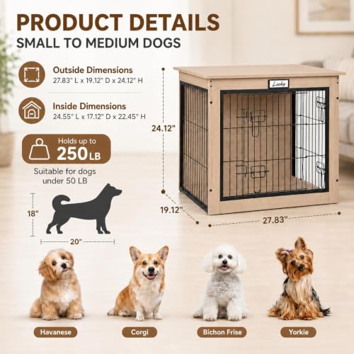 28-Inch Dog Crate Furniture for Small Dogs, Wooden Indoor Kennel, Oak, view 4