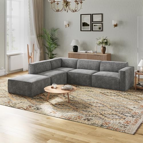 109" Modular Sectional Sofa, No Assembly Cloud Sectional Couch with Smarts Coil® Support, Chenille Fabric L Shape Boneless Couch for Living Room Apartment, Dark Gray(R-Arm 4 Seat w/ 1 Ottoman)