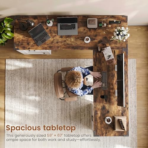 67" Farmhouse L Shaped Standing Desk with Drawers Home Office Executive Desks with Fast Charging Station, Lockable File Cabinet, Wood Writing Computer Desk for Work, Study, White