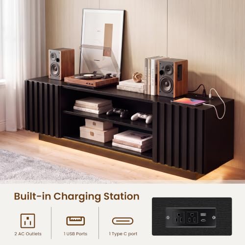 Mid Century TV Stand for TVs up to 80 Inches,Power Outlet, Black, view 8