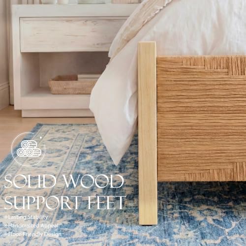 Solid Wood Rattan King Bed Frame with Tall Headboard and Footboard, view 7
