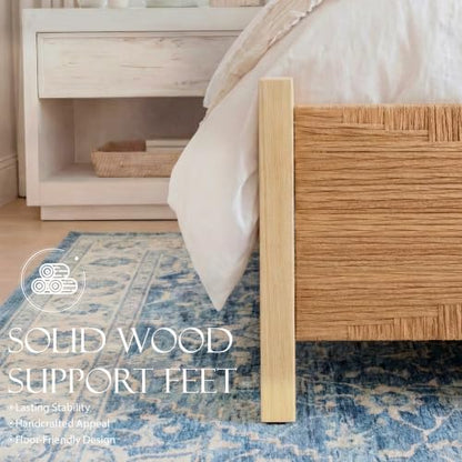 Solid Wood Rattan King Bed Frame with Tall Headboard and Footboard, view 7