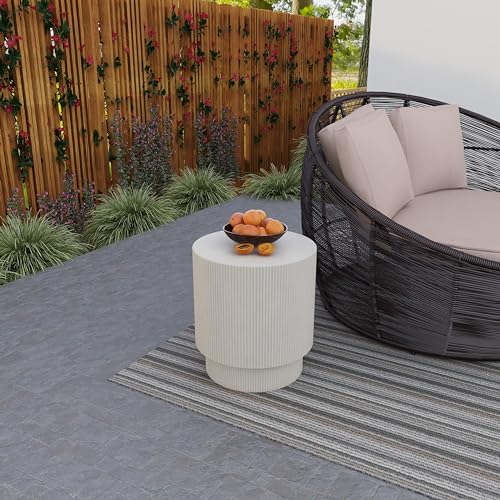 Modern Side Table Round Fiberstone Top Accent End Table for Home, Outdoor Patio, Living Room Sofa, Weather-Resistant, Eden Series in White