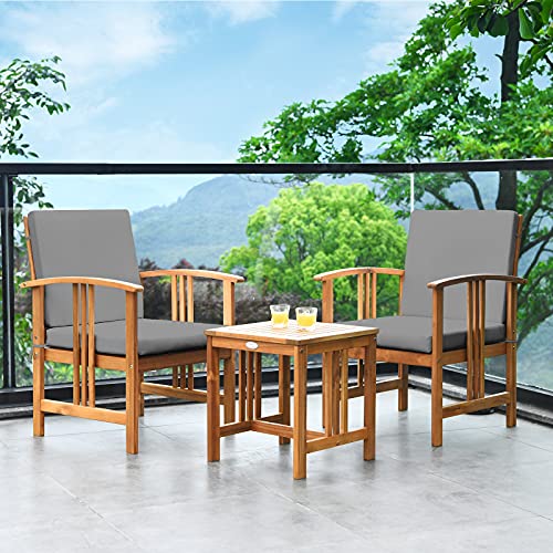 3 Pieces Patio Furniture Set, Includes Set of 2 Outdoor Acacia Wood Cushioned Chairs and Coffee Table, for Garden, Backyard, Poolside, Bistro and Deck, Patio Conversation Chat Set (Gray)