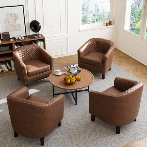Accent Barrel Chair, Upholstered Faux Leather Club Chair with Nailed Trim, Comfy Reading Armchair for Living Room Bedroom Reception Room Office (Brown, Set of 4)