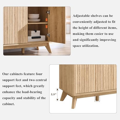 60 Inch Fluted Buffet Sideboard Cabinet, Natural Oak, view 7