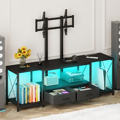 LED TV Stand with Mount and Power Outlet & Fabric Drawers for 32-85 Inches TV - Entertainment Center and Industrial TV Console Table for Living Room, Bedroom- 47" Black