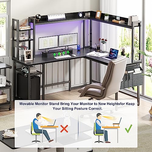 L Shaped Desk with Power Outlet, L Shaped Gaming Desk with Led Light & Hutch, Reversible Home Office Desk, Corner Computer Desk Writing Desk with Monitor Stand & Storage Shelves, Black