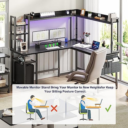 L Shaped Desk with Power Outlet, L Shaped Gaming Desk with Led Light & Hutch, Reversible Home Office Desk, Corner Computer Desk Writing Desk with Monitor Stand & Storage Shelves, Black