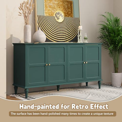 58'' Mid-Century Modern Buffet Storage Cabinet with 4 Doors and Adjustable Shelves, Accent Style Sideboard for Entryway, Dining Room, Living Room, Green