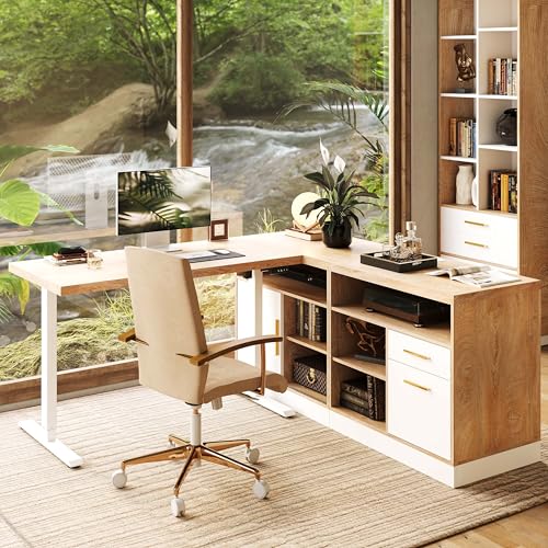67" L Shaped Standing Desk with Storage, Electric Adjustable Height Executive Desk, Home Office Corner Workstation with 2 File Drawers & Built-in Power Outlets, Light Walnut