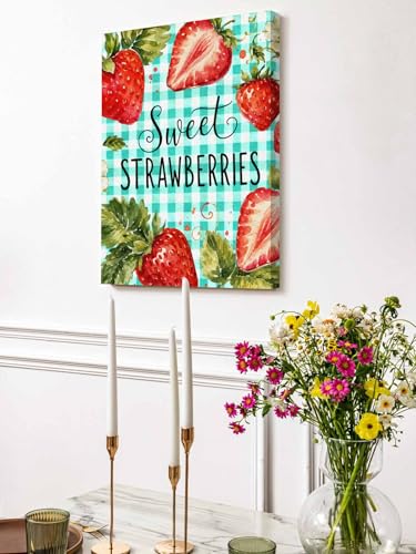 NuYeBiofx Summer Strawberries Teal Buffalo Canvas Wall Art Prints,30"x20" Framed Picture Artwork Watercolor Fruit Flower Leaf Printed Canvas Oil Painting for Living Room Bedroom Office,Ready to Hang