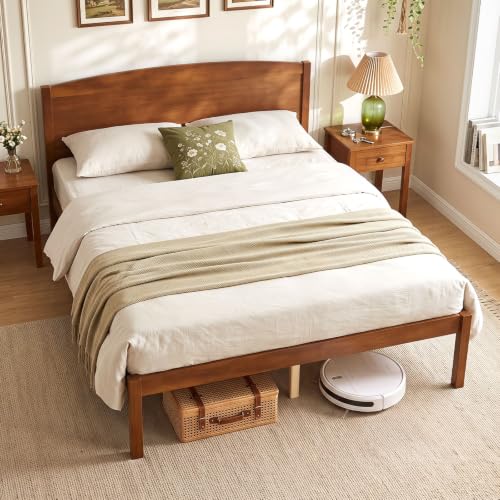 Full Size Wooden Bed Frame with Curved Headboard, Wood Slat Support, view 4