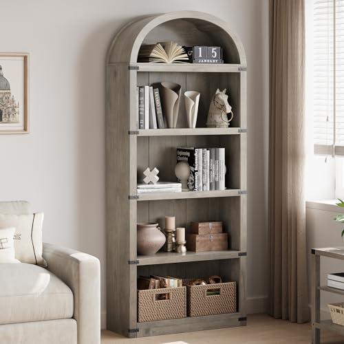 Bookcase 5 Shelf Arched Bookshelf 71.65 in Tall Bookcase Farmhouse Display, view 2
