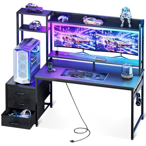 55 Inch Gaming Desk with Hutch & LED Lights & PC Tower Stand, view 2
