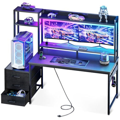 55 Inch Gaming Desk with Hutch & LED Lights & PC Tower Stand, view 2