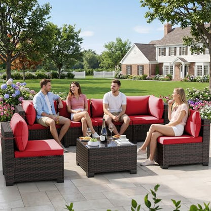 7-Piece Outdoor Patio Furniture Sets, Manual Weaving Rattan Conversation Sectional Sofa with Tempered Glass Coffee Table, All-Weather PE Wicker & Thick Cushions for Garden, Backyard, Porch