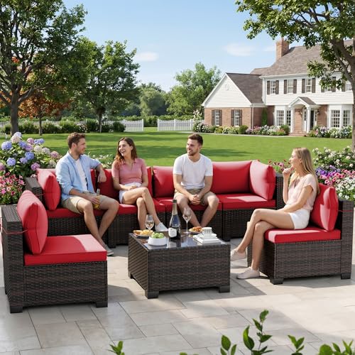 7-Piece Outdoor Patio Furniture Sets, Manual Weaving Rattan Conversation Sectional Sofa with Tempered Glass Coffee Table, All-Weather PE Wicker & Thick Cushions for Garden, Backyard, Porch