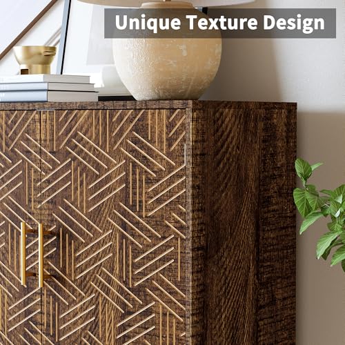 Sideboard Buffet Cabinet with Storage, Elegant Wood Accent Cabinet with Line Groove Design, Freestanding Storage Cabinet with Adjustable Shelves for Living Room, Kitchen, Entryway, Walnut