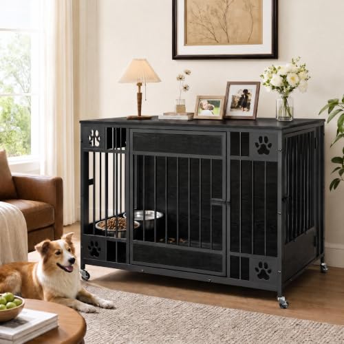 Dog Crate Furniture, 41" Large Dog Kennel with Triple Doors, Black, view 2