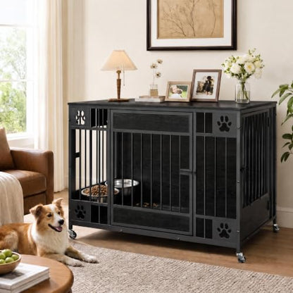 Dog Crate Furniture, 41" Large Dog Kennel with Triple Doors, Black, view 2
