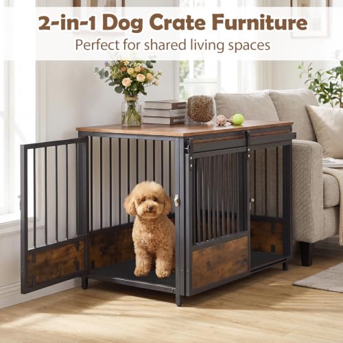 Dog Crate Furniture with 2 Doors, 32.5" Wooden Kennel with Mat, view 4
