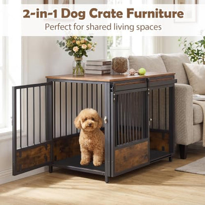 Dog Crate Furniture with 2 Doors, 32.5" Wooden Kennel with Mat, view 4