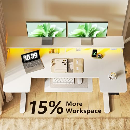 55 Inch U Shaped Electric Standing Desk with Keyboard Tray, White, view 6